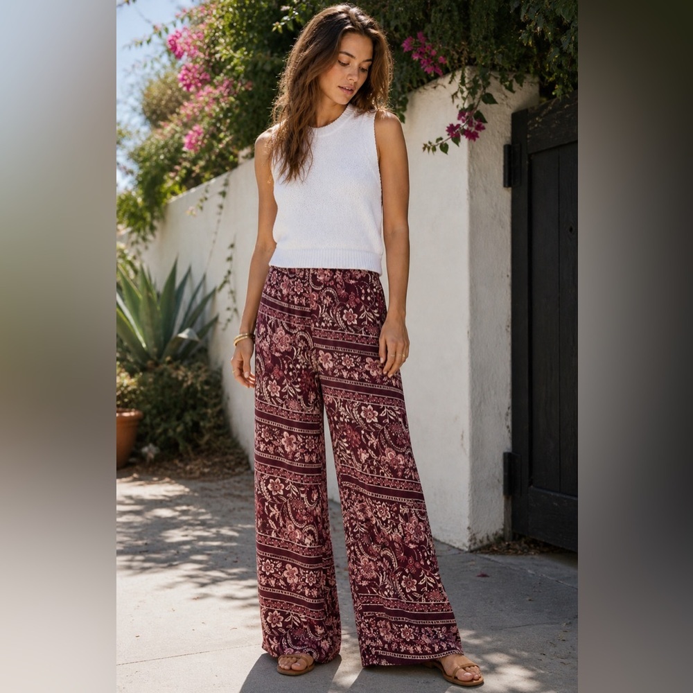 Show Me Your Mumu Burgundy and Pink Wide Let Pants - Size XS